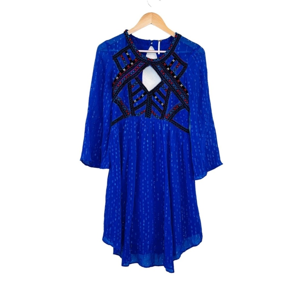 Free People Embroidered Tunic Dress Size S Boho Festival Blue Shimmer Hippie
